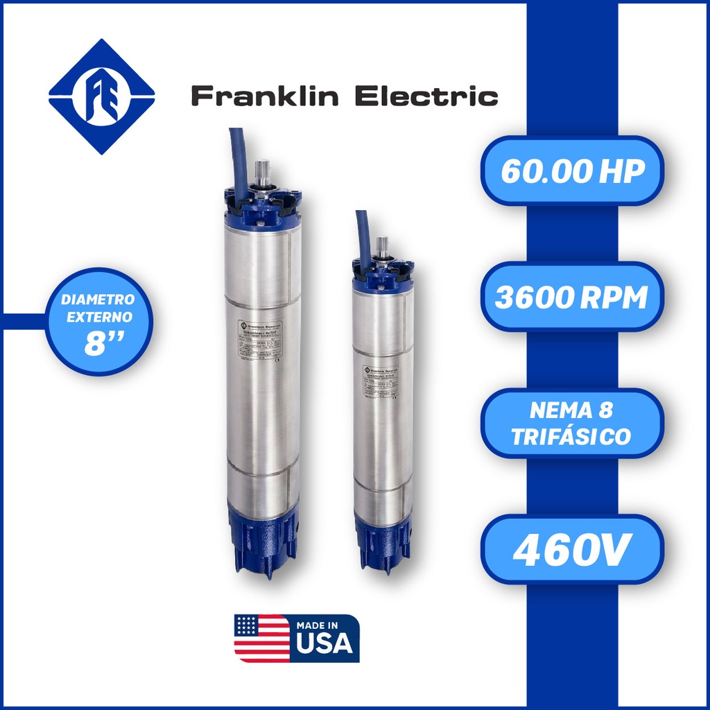 MOTOR SUMERGIBLE TF FRANKLIN  8" SERIE ENCAP SF MOD. 2396228621    60,00HP 3PH/460V/60HZ/2P 3600RPM 3W DOL NEMA8 WF-C