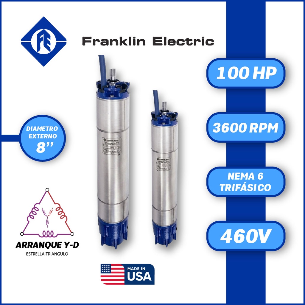 MOTOR SUMERGIBLE TF FRANKLIN  8" SERIE ENCAP SF MOD. 2396248641   100,00HP 3PH/460V/60HZ/2P 3600RPM 6W Y-D NEMA8 WF-C