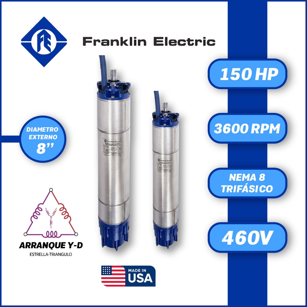 MOTOR SUMERGIBLE TF FRANKLIN  8" SERIE ENCAP SF MOD. 2391268604   150,00HP 3PH/460V/60HZ/2P 3600RPM 6W Y-D NEMA8 WF-C                                             