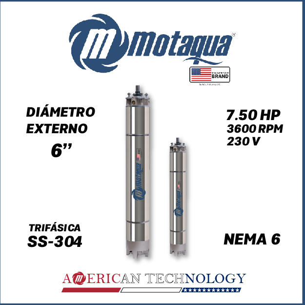 MOTOR SUMERGIBLE TF MOTAQUA  6" SERIE MKD MOD. T6WRF0075J   7,50HP 3PH/230V/60HZ/2P 3600RPM 3W DOL NEMA6 WF-R SS-304    6S05660S005