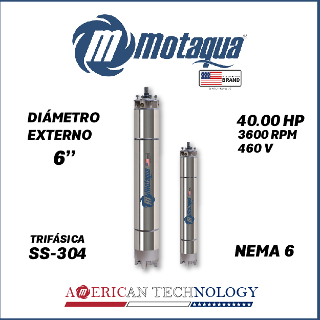 MOTOR SUMERGIBLE TF MOTAQUA  6" SERIE MKD MOD. T6WRF0400P  40,00HP 3PH/460V/60HZ/2P 3600RPM 6W Y-D NEMA6 WF-R SS-304