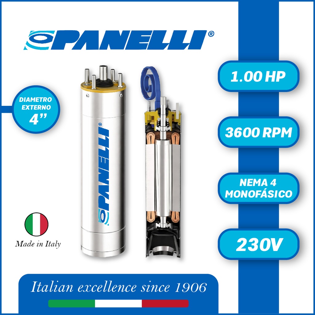 MOTOR SUMERGIBLE MF PANELLI  4" SERIE P0400 MOD.   1,00HP 1PH/230V/60HZ/2P 3600RPM 3W DOL NEMA4 OF-R