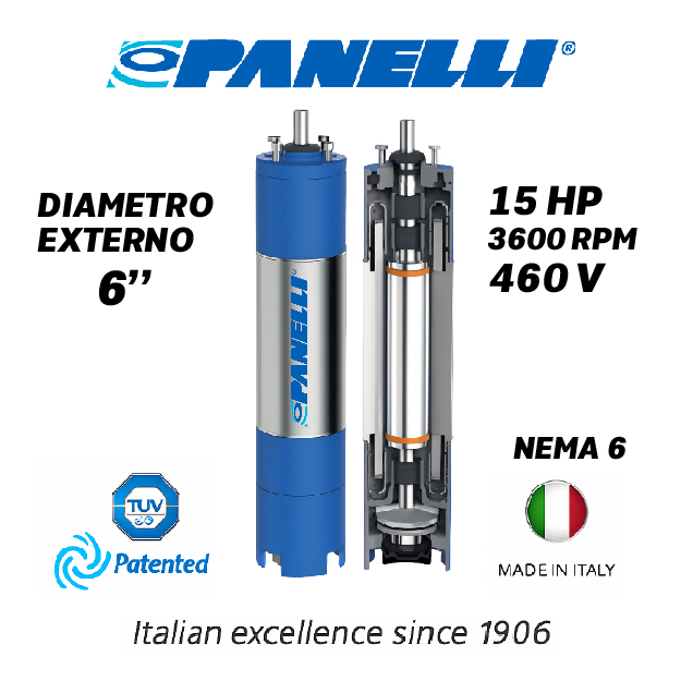 MOTOR SUMERGIBLE TF PANELLI  6" SERIE P0600 MOD.  15,00HP 3PH/460V/60HZ/2P 3600RPM 3W DOL NEMA6 WF-R