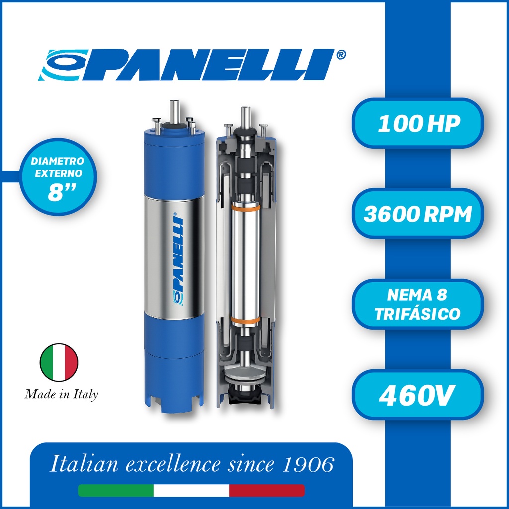 MOTOR SUMERGIBLE TF PANELLI  8" SERIE P0800 MOD. 100,00HP 3PH/460V/60HZ/2P 3600RPM 6W Y-D NEMA8 WF-R