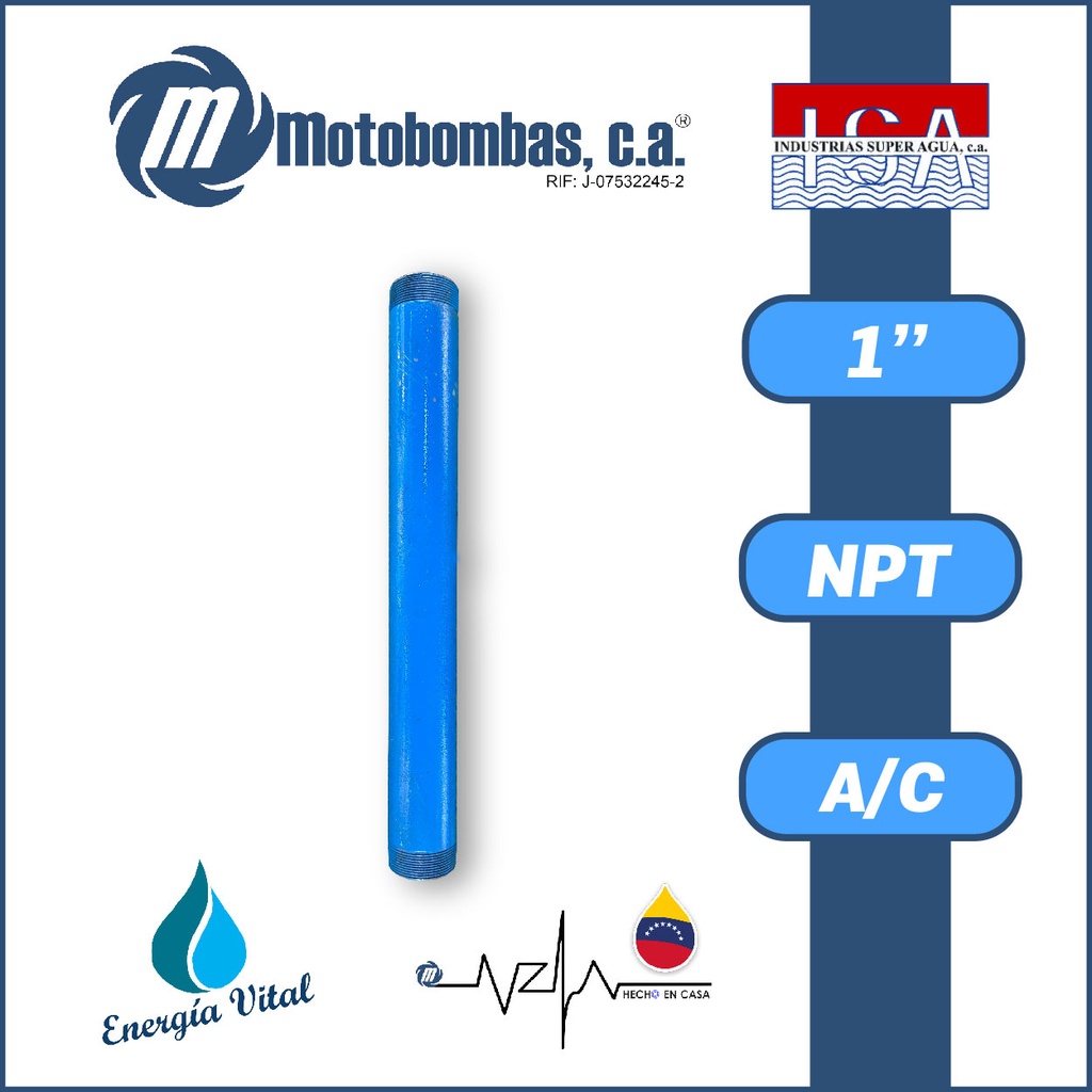 NIPLE LARGO 0,4 A 0,8 MTS 1" ACERO AL CARBONO ASTM A53 SCH 40