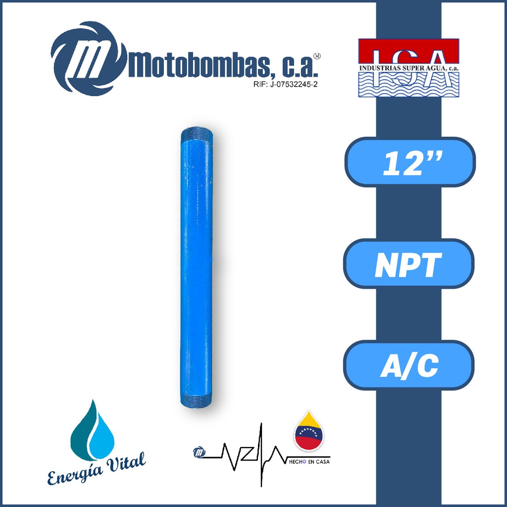 NIPLE LARGO 0,4 A 0,8 MTS 12" ACERO AL CARBONO ASTM A53 SCH 40