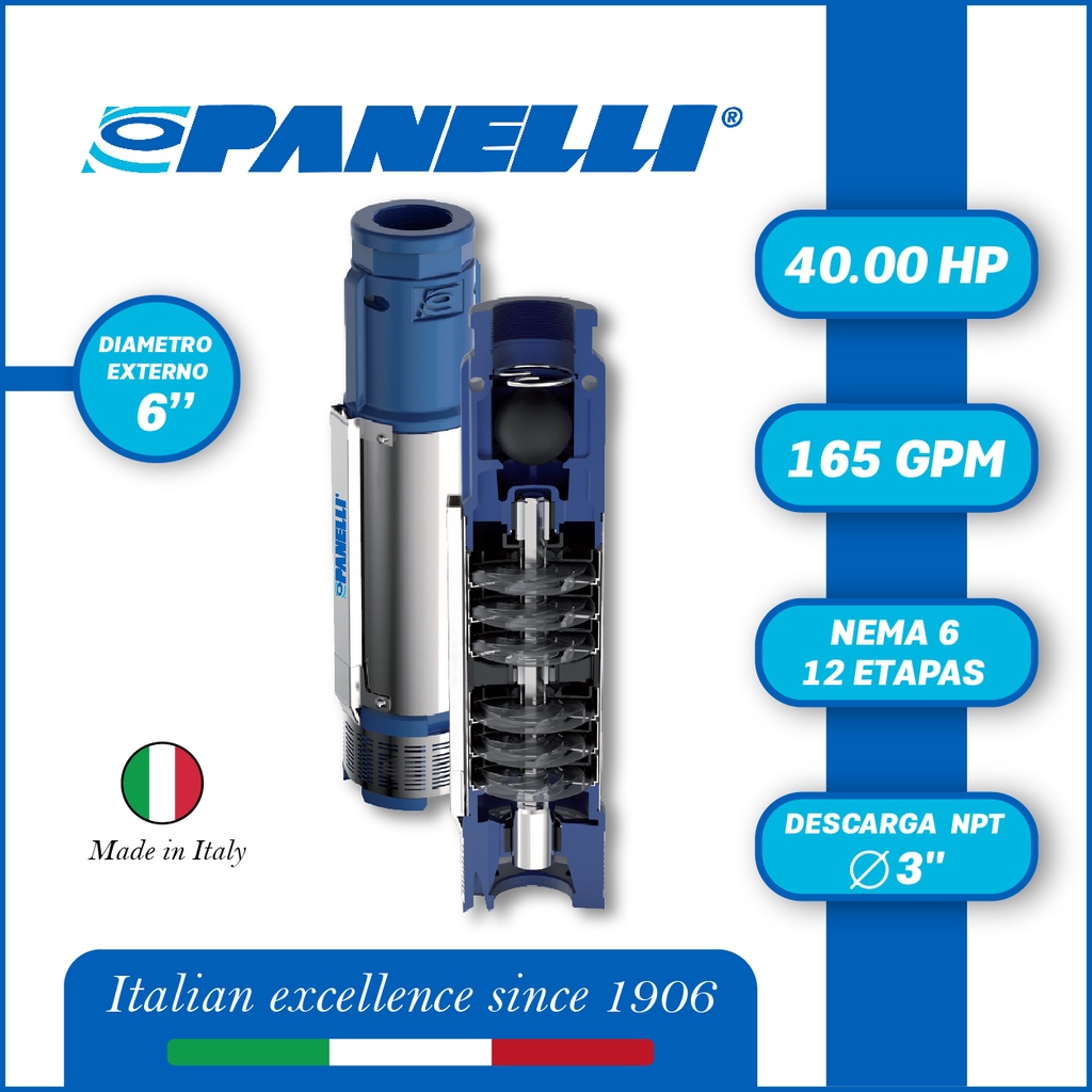 CUERPO SUMERGIBLE PANELLI  6" SERIE  PR MOD. 140PR16512 165GPM  40,00HP  12ET 3"NPT NEMA6