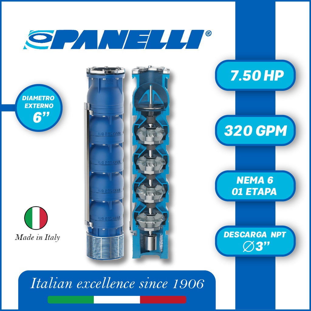 CUERPO SUMERGIBLE PANELLI  6" SERIE REC MOD 140REC32001 320GPM   7,50HP  01ET 3"NPT NEMA6