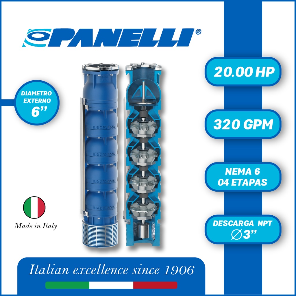 CUERPO SUMERGIBLE PANELLI  6" SERIE REC MOD 140REC32004 320GPM  20,00HP  04ET 3"NPT NEMA6