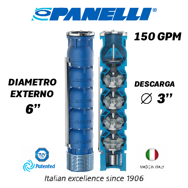 CUERPO SUMERGIBLE PANELLI  6" SERIE REC MOD 140REC15004 150GPM  10,00HP  04ET 3"NPT NEMA6