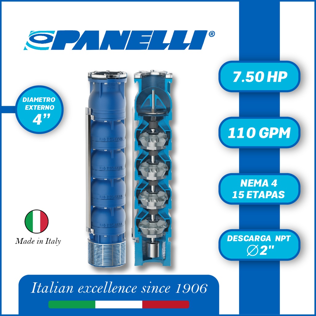 CUERPO SUMERGIBLE PANELLI  4" SERIE REC MOD.  95REC11015 110GPM   7,50HP 15ET 2"NPT NEMA4