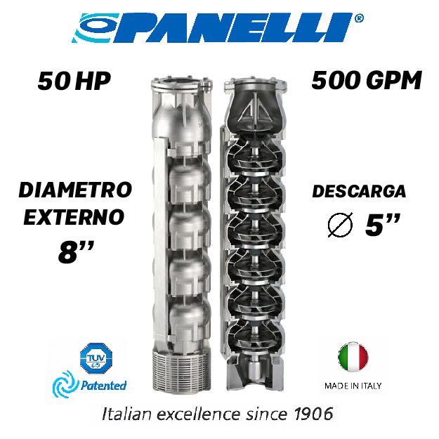 CUERPO SUMERGIBLE PANELLI  8" SERIE  SX MOD. 180SX50003 500GPM  50,00HP  03ET 5"NPT NEMA8