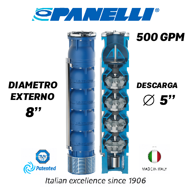 CUERPO SUMERGIBLE PANELLI  8" SERIE REC MOD. 180REC50009 500GPM 150,00HP  09ET 5"NPT NEMA8
