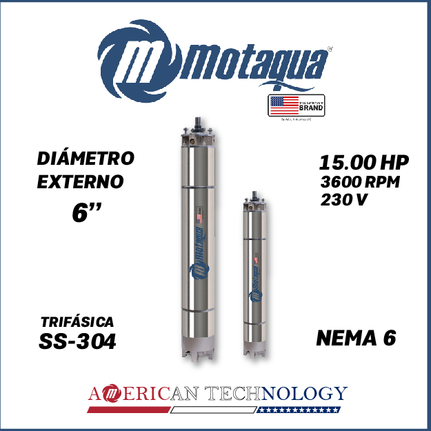 MOTOR SUMERGIBLE TF MOTAQUA  6" SERIE MKD MOD. T6WRF0150J  15,00HP 3PH/230V/60HZ/2P 3600RPM 3W DOL NEMA6 WF-R SS-304