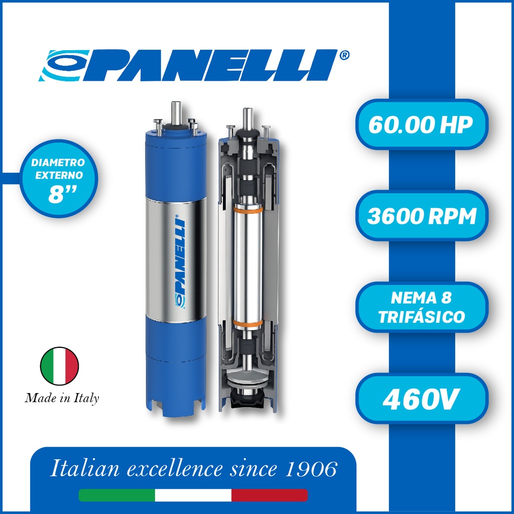 MOTOR SUMERGIBLE TF PANELLI  8" SERIE P0800 MOD.  60,00HP 3PH/460V/60HZ/2P 3600RPM 6W Y-D NEMA8 WF-R