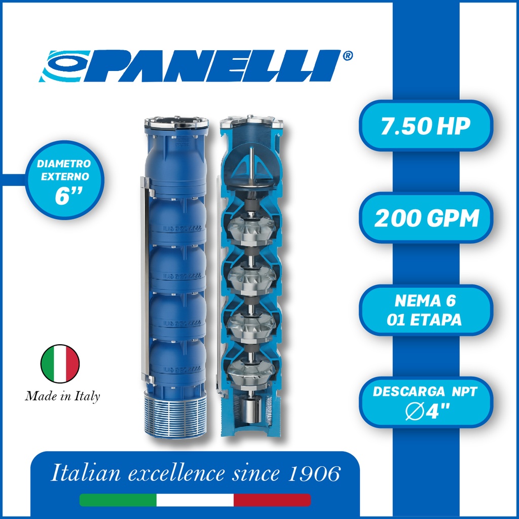 CUERPO SUMERGIBLE PANELLI  6" SERIE REC MOD 140REC20001 200GPM   7,50HP  01ET 4"NPT NEMA6