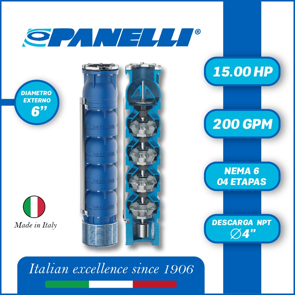 CUERPO SUMERGIBLE PANELLI  6" SERIE REC MOD 140REC20004 200GPM  15,00HP  04ET 4"NPT NEMA6 