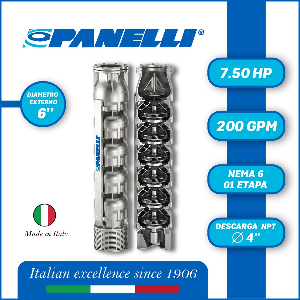 CUERPO SUMERGIBLE PANELLI  6" SERIE  SX MOD. 140SX20001  200GPM   7,50HP 01ET 4"NPT NEMA6