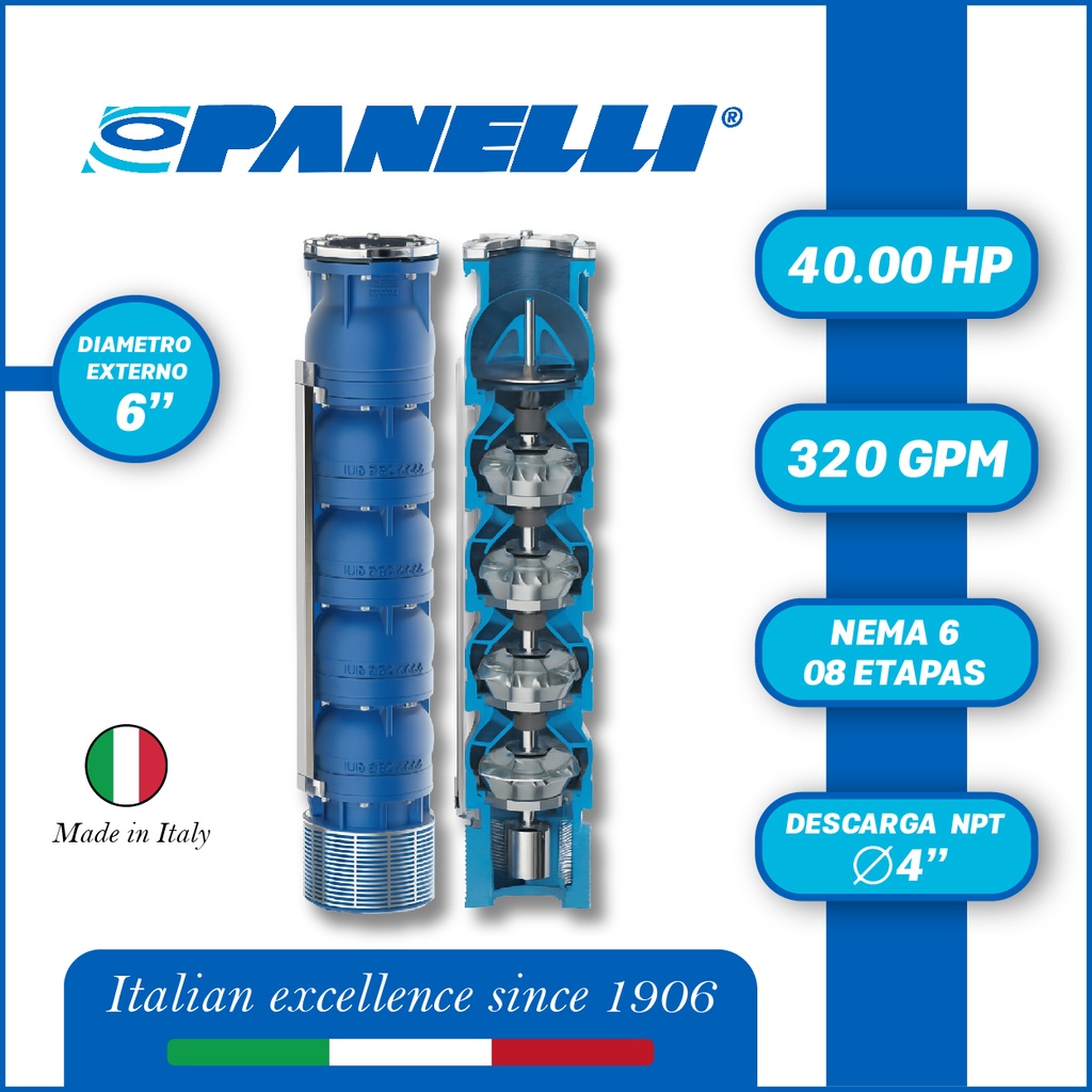 CUERPO SUMERGIBLE PANELLI  6" SERIE REC MOD 140REC32008 320GPM  40,00HP  08ET 4"NPT NEMA6