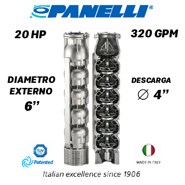 CUERPO SUMERGIBLE PANELLI  6" SERIE  SX MOD. 140SX32004  320GPM  20,00HP 04ET 4"NPT NEMA6