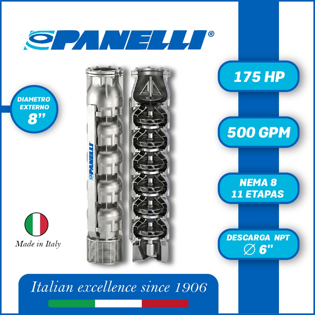 CUERPO SUMERGIBLE PANELLI  8" SERIE  SX MOD. 180SX50011 500GPM 175,00HP  11ET 6"NPT NEMA8 