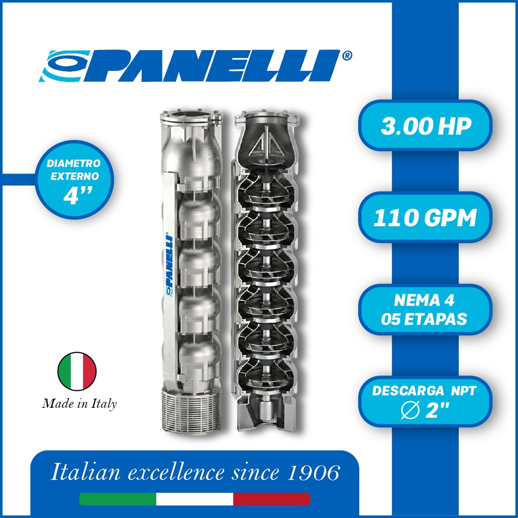 CUERPO SUMERGIBLE PANELLI  4" SERIE  SX MOD.  95SX11005  110GPM   3,00HP 05ET 2"NPT NEMA4