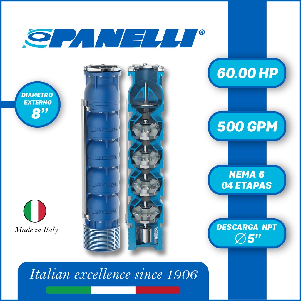 CUERPO SUMERGIBLE PANELLI  8" SERIE REC MOD. 180REC50004 500GPM  60,00HP  04ET 5"NPT NEMA6