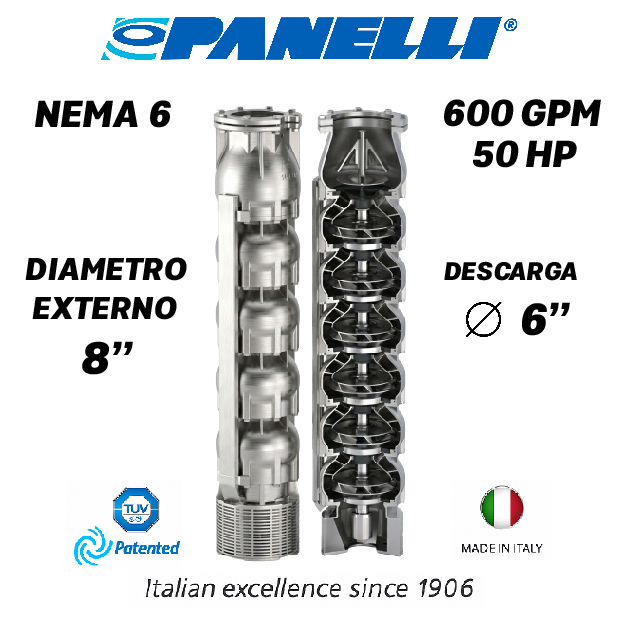 CUERPO SUMERGIBLE PANELLI  8" SERIE  SX MOD. 180SX60003 600GPM  50,00HP  03ET 6"NPT NEMA6