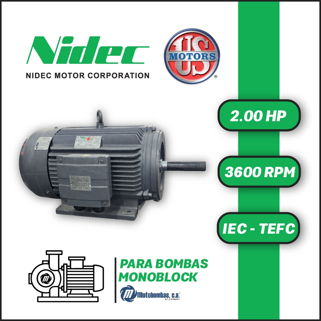 MOTOR HORIZONTAL TF JM2P   2,00HP 3600RPM US MOTORS MCCD1E1M / CCD109S 220-440V 2P 3PH SF 1,15 DOL 90M-34D IEC-IE2 CI