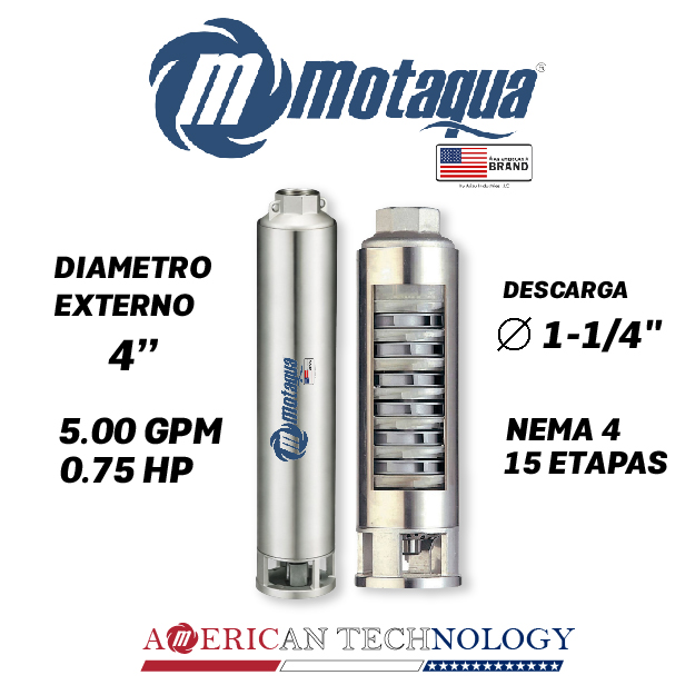 CUERPO SUMERGIBLE MOTAQUA  4"       SERIE MTS MOD. 054TS0715   05GPM   0,75HP 15ET 1-1/4"NPT NEMA4