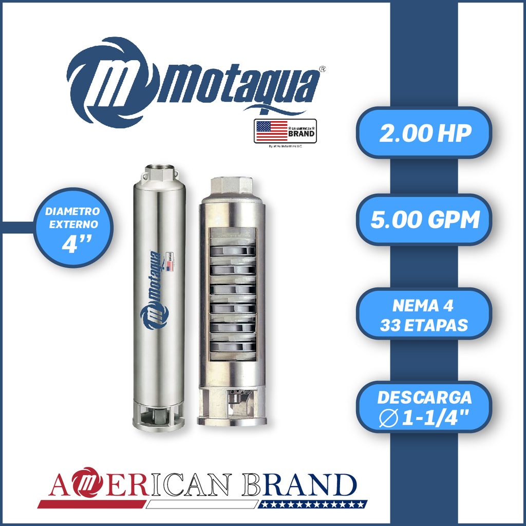 CUERPO SUMERGIBLE MOTAQUA  4"       SERIE MTS MOD. 054TS2033   05GPM   2,00HP 33ET 1-1/4"NPT NEMA4