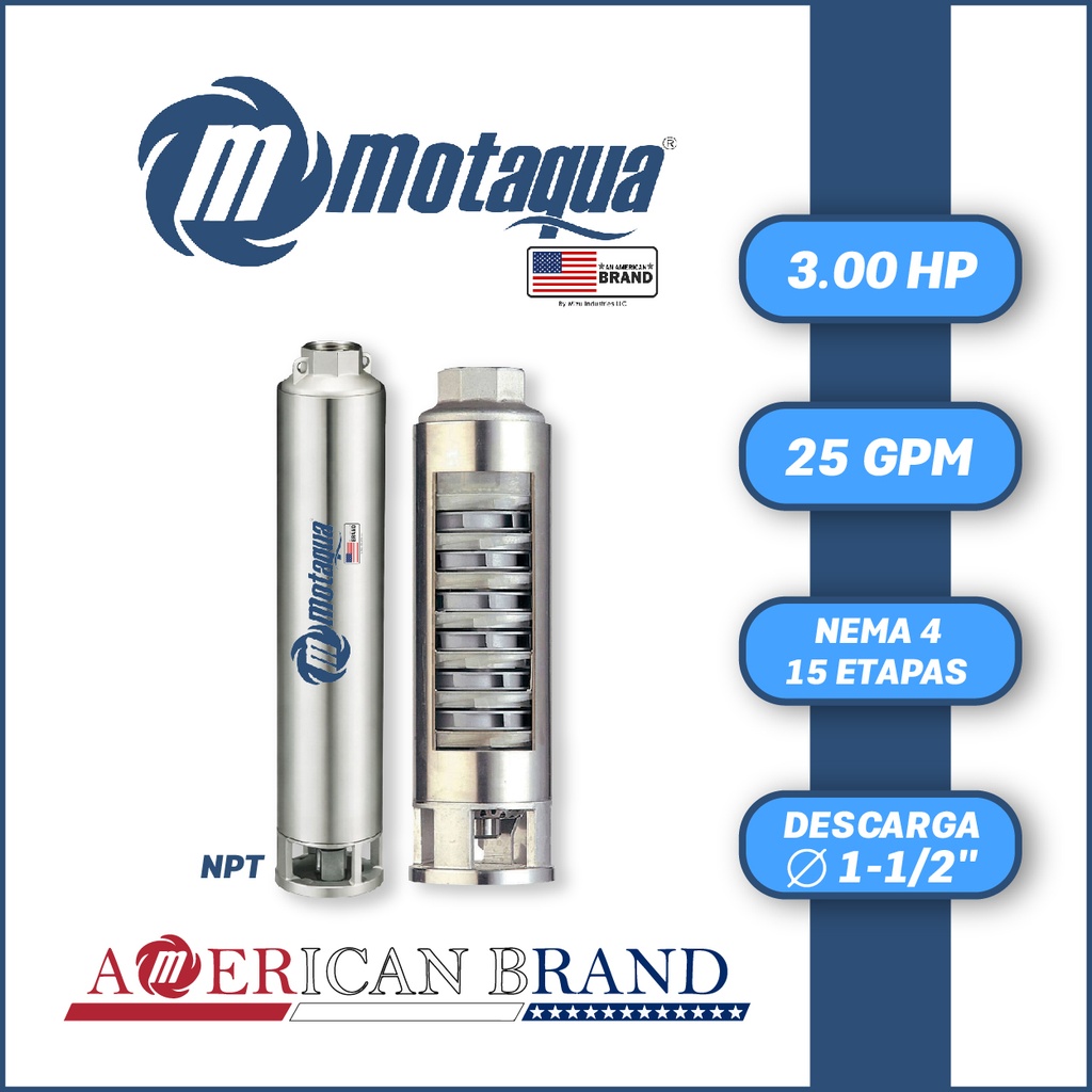 CUERPO SUMERGIBLE MOTAQUA  4"   SERIE MTS MOD.  254TS3015   25GPM   3,00HP 15ET 1-1/2"NPT NEMA4