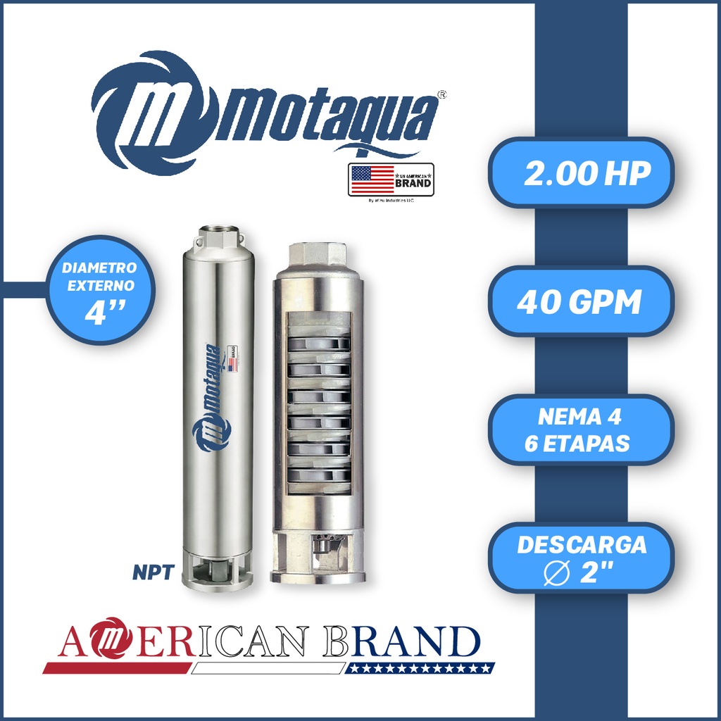 CUERPO SUMERGIBLE MOTAQUA  4"   SERIE MTS MOD. 404TS2006   40GPM   2,00HP 06ET 2"NPT NEMA4
