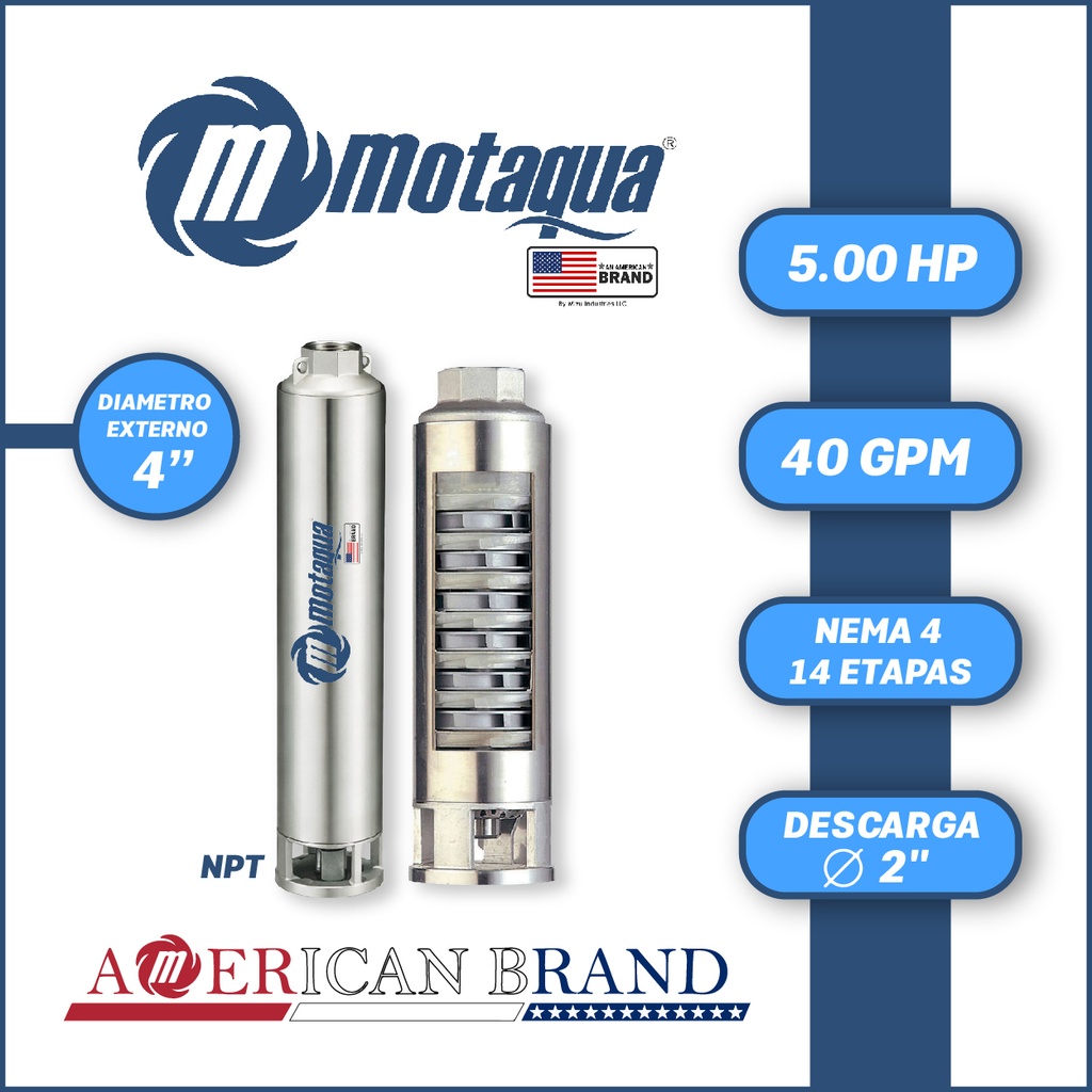 CUERPO SUMERGIBLE MOTAQUA  4"   SERIE MTS MOD. 404TS5014   40GPM   5,00HP 14ET 2"NPT NEMA4