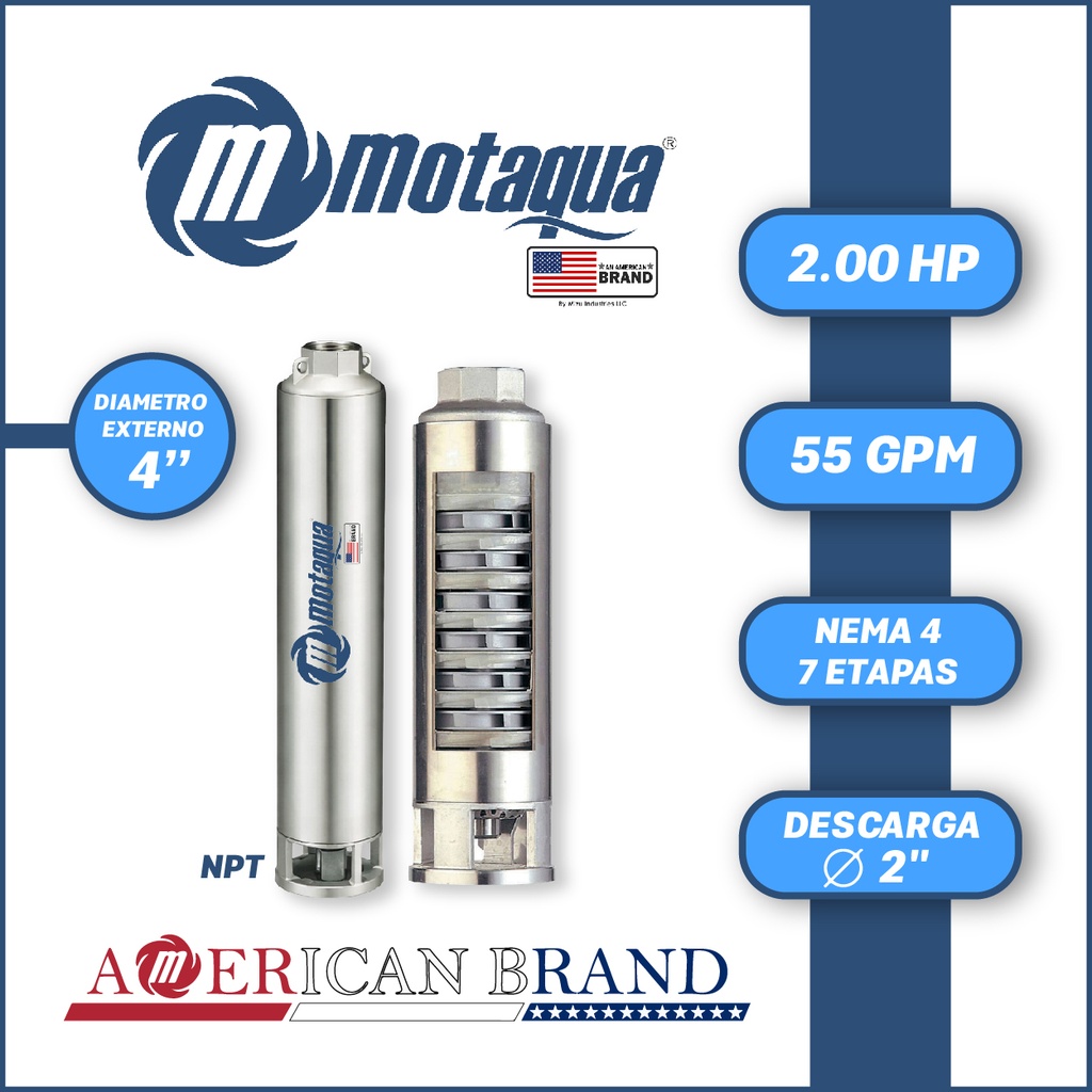 CUERPO SUMERGIBLE MOTAQUA  4"  SERIE MTS MOD.  554TS2007   55GPM    2,00HP 07ET 2"NPT NEMA4