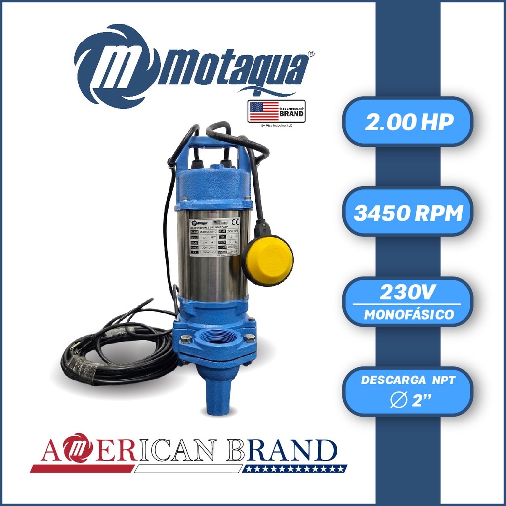 BOMBA SUMERGIBLE AGUAS SERVIDAS MF MOTAQUA SERIE MTS MOD. 2M050SVA20 VORTEX 2,00HP 230V 60HZ 3.450RPM 2"NPT