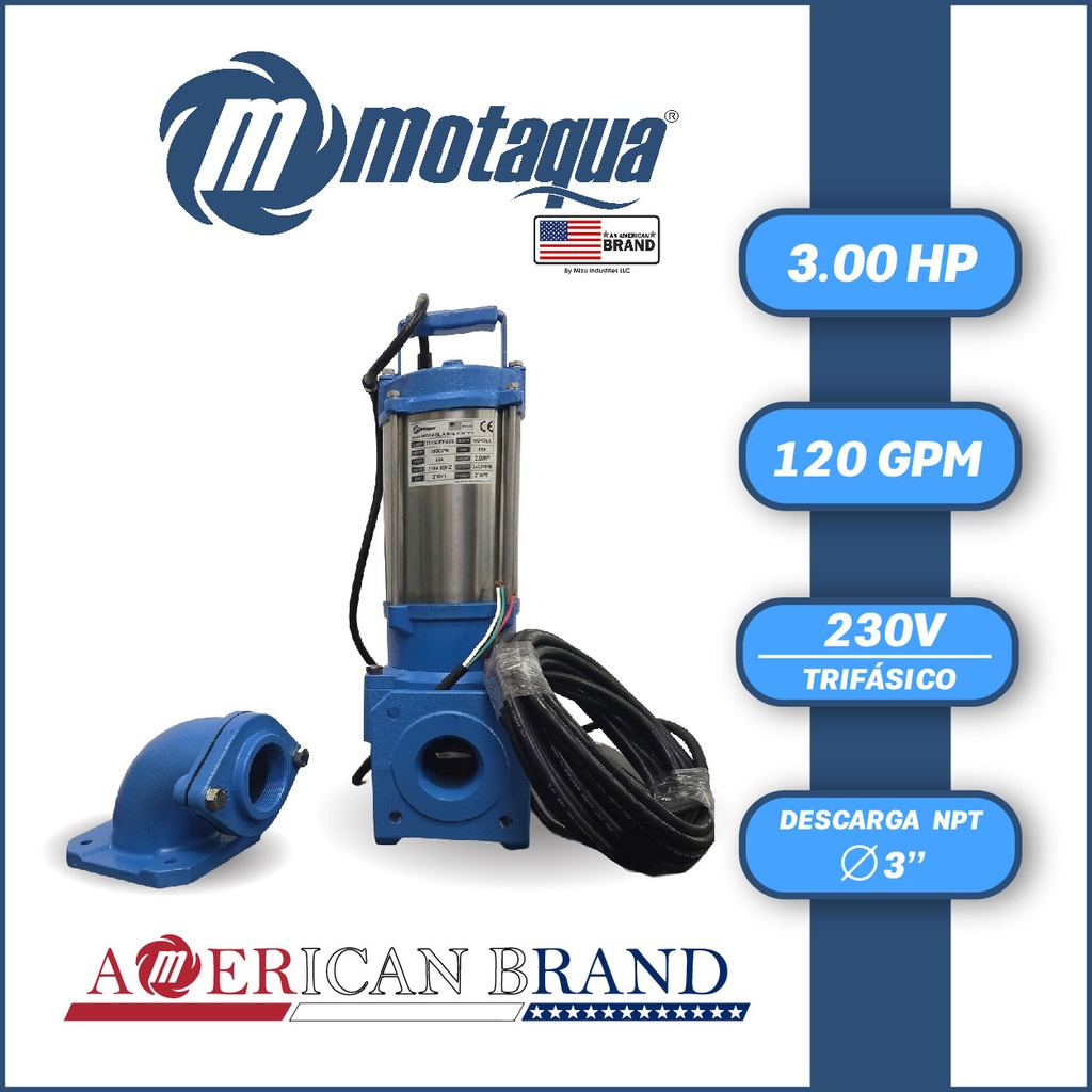 BOMBA SUMERGIBLE AGUAS SERVIDAS TF MOTAQUA SERIE MTS MOD. 2T120SVM30 VORTEX 120GPM 3,00HP 230V 60HZ 3.450RPM 3"NPT CODO