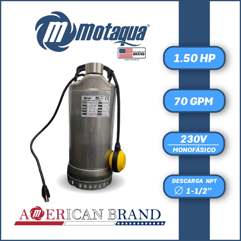 BOMBA SUMERGIBLE AGUAS DRENAJE MF MOTAQUA SERIE MTS MOD. 2M075XDA15  70GPM  1,50HP 230V 60HZ 3.450RPM 1-1/2"NPT