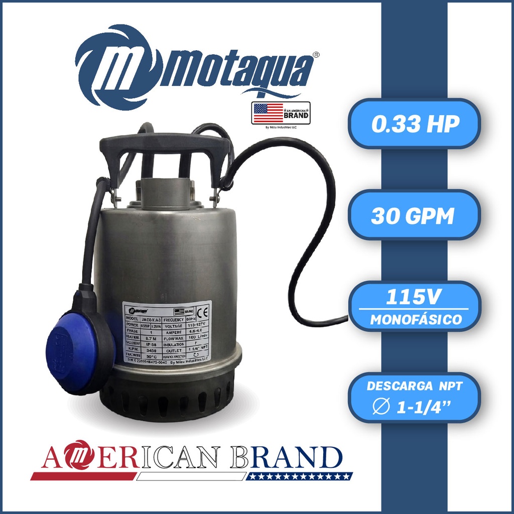 BOMBA SUMERGIBLE AGUAS DRENAJE MF MOTAQUA SERIE MTS MOD. 2M030X1A3  30GPM  0,33HP 115V 60HZ 3.450RPM 1-1/4"NPT