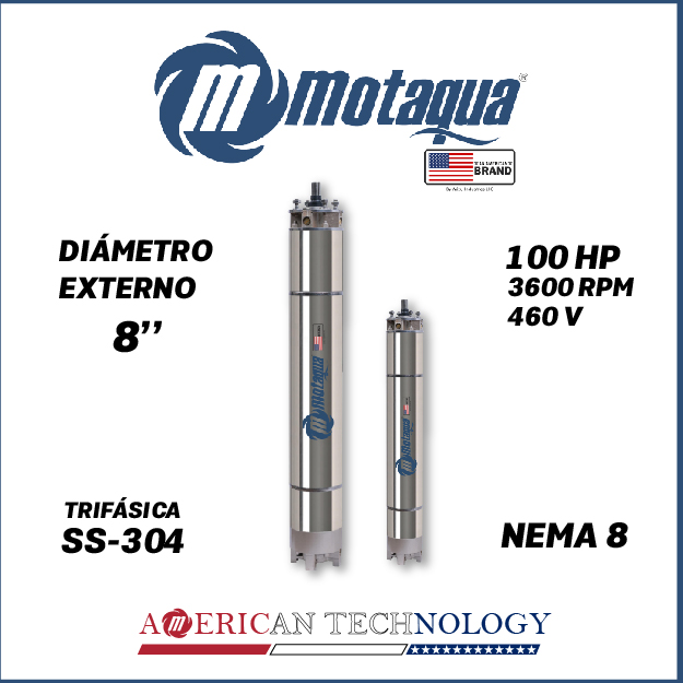 MOTOR SUMERGIBLE TF MOTAQUA  8" SERIE MKD MOD. T8WRF1000P 100,00HP 3PH/460V/60HZ/2P 3600RPM 6W Y-D NEMA8 WF-R SS-304