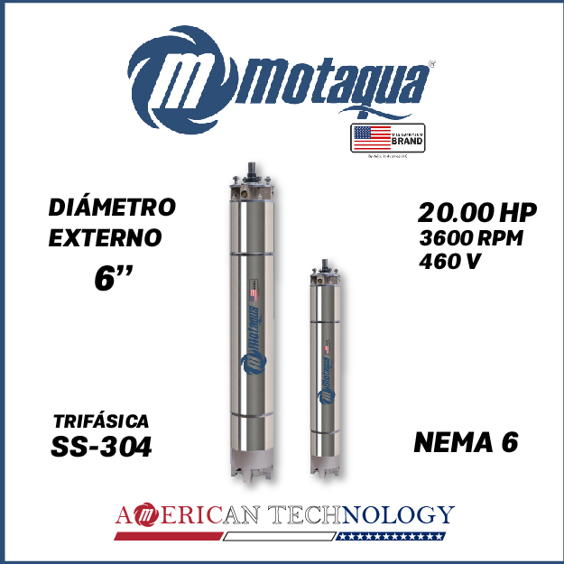 MOTOR SUMERGIBLE TF MOTAQUA  6" SERIE MKD MOD. T6WRF0200K  20,00HP 3PH/460V/60HZ/2P 3600RPM 3W DOL NEMA6 WF-R SS-304