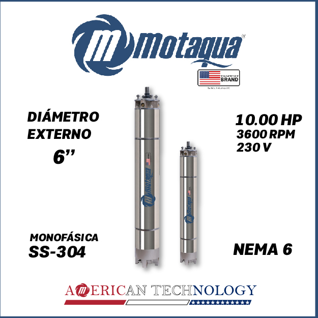 MOTOR SUMERGIBLE MF MOTAQUA  6" SERIE MKD MOD. M6WRF0100F  10,00HP 1PH/230V/60HZ/2P 3600RPM 3W DOL NEMA6  WF-R SS-304
