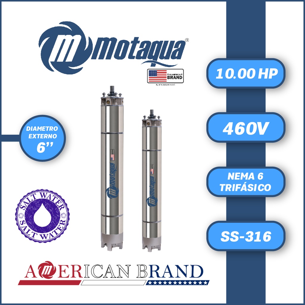 MOTOR SUMERGIBLE TF MOTAQUA MKD DSM6 6" T6WRF0100K  10,00HP 3PH/460V/60HZ/2P 3600RPM 3W DOL NEMA6 WF-R SS316