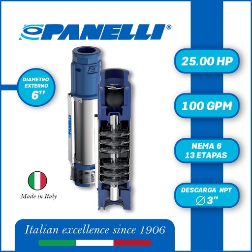 [5505PAN-140PR16N/13] CUERPO SUMERGIBLE PANELLI  6" SERIE  PR MOD. 140PR10013 100GPM  25,00HP  13ET 3"NPT NEMA6