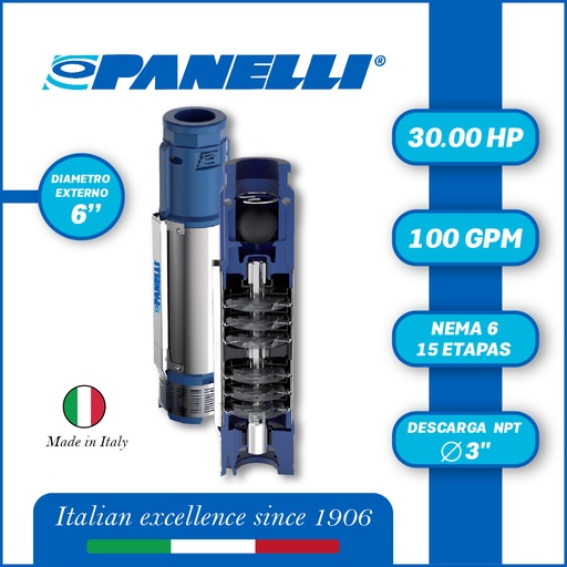 [5505PAN-140PR16N/15] CUERPO SUMERGIBLE PANELLI  6" SERIE  PR MOD. 140PR10015 100GPM  30,00HP  15ET 3"NPT NEMA6