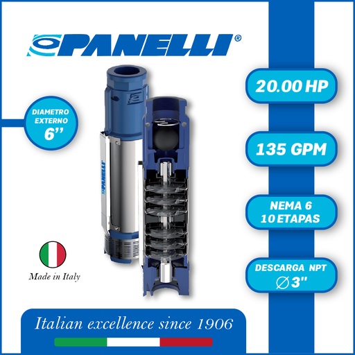 [5505PAN-140PR24N/10] CUERPO SUMERGIBLE PANELLI  6" SERIE  PR MOD. 140PR13510 135GPM  20,00HP  10ET 3"NPT NEMA6