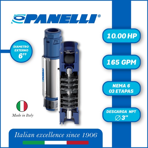 [5515PAN-140PR34N/03] CUERPO SUMERGIBLE PANELLI  6" SERIE  PR MOD. 140PR16503 165GPM  10,00HP  03ET 3"NPT NEMA6