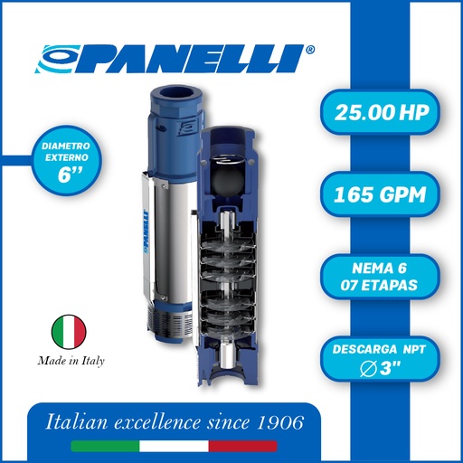 [5515PAN-140PR34N/7] CUERPO SUMERGIBLE PANELLI  6" SERIE  PR MOD. 140PR16507 165GPM  25,00HP  07ET 3"NPT NEMA6