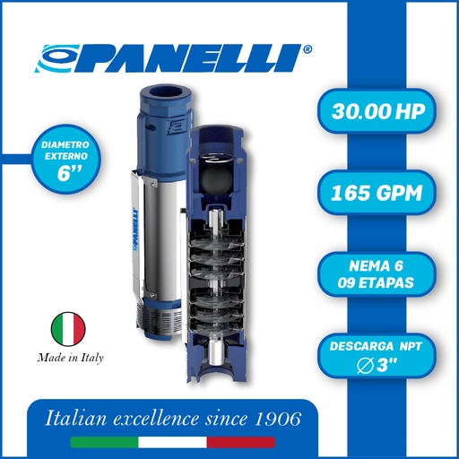 [5515PAN-140PR34N/9] CUERPO SUMERGIBLE PANELLI  6" SERIE  PR MOD. 140PR16509 165GPM  30,00HP  09ET 3"NPT NEMA6