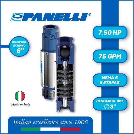 [5505PAN-140PR12N/6] CUERPO SUMERGIBLE PANELLI  6" SERIE  PR MOD. 140PR07506  75GPM   7,50HP  06ET 3"NPT NEMA6